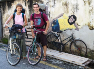 Start of our cycling trip. Transformation from backpackers to bikers.